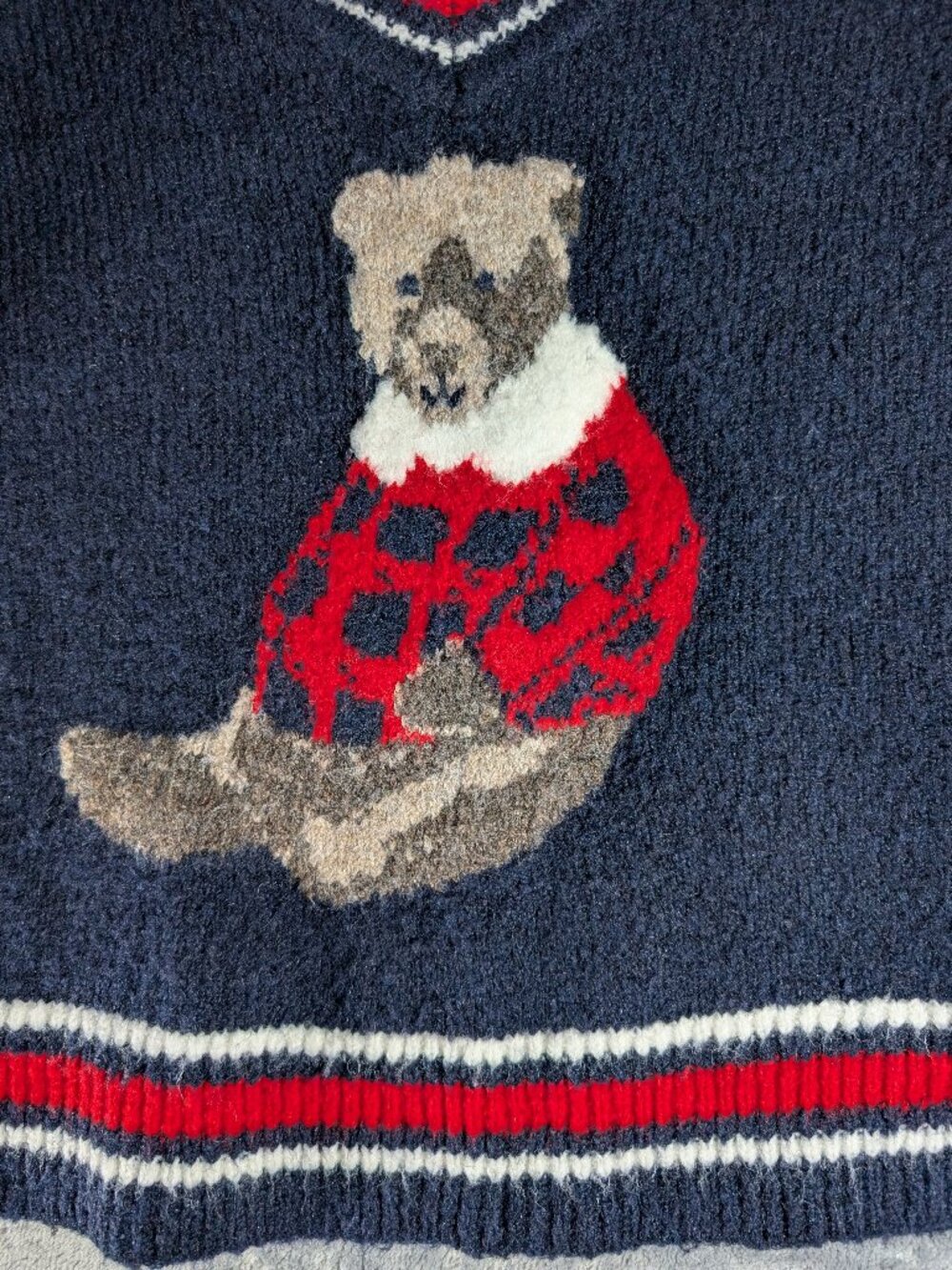 Cupcakes and Cashmere Navy Bear V-Neck Sweater XS Red Plaid Varsity Teddy Preppy - Picture 2 of 9
